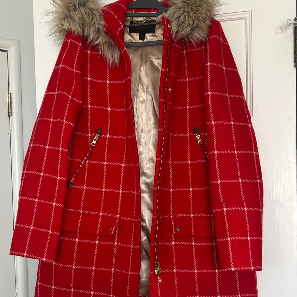 Red Plaid Women's Coat with Faux Fur Hood jcrew